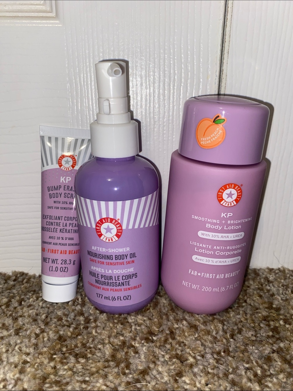 Lot 3 First Aid Beauty FAB KP Body Lotion Scrub and Oil